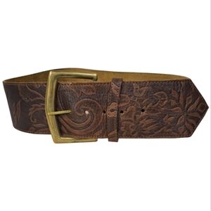 TopShop Vintage-Inspired Tooled‎ Leather Belt with Brass Buckle